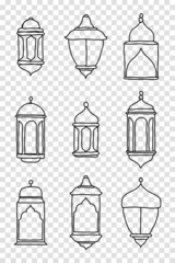 Wall Mural - Line Islamic Arabic Lantern Symbol Icon Collection Set. Hand drawn set of lanterns. Vector illustration in doodle style