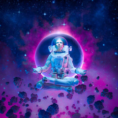 cosmic harmony meditating female astronaut - 3d illustration of woman in lotus pose floating in spac