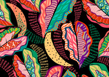 Pattern Of A Tropical Artwork, With Multicolored Hand Drawn Elements With Dark Background, Perfect For Textiles And Decoration