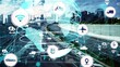 © InfiniteFlow - Smart transport technology concept for future car traffic on newish city road . Virtual intelligent system makes digital information analysis to connect data of vehicle on city street .