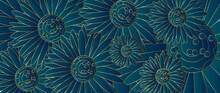 Elegant Gold Floral Pattern. Turquoise Daisies, Flowers With Golden Outline. Gold Art Line: Wall Art Design, Modern Wallpaper.