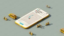Fast Delivery By Scooter Bike And Van With Mobile. E-commerce Concept. Online Food And Shopping Order With Route Map. Webpage, App Design. Yellow And Gray. Isometric 3d Render Animation Looped