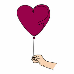 Wall Mural - Continuous one simple single line drawing of hand holding heart balloon icon in silhouette on a white background. Linear stylized.