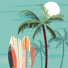 Beach And Surfboard Poster