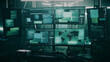 © Framestock - Pan around view of modern computer monitor with world map and various data located on desk in dark room of hacker base
