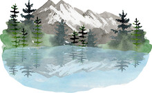 Watercolor Mountain Landscape Clipart, Forest Lake Background Clip Art, Summer Nature Painting Image, Sublimation Design