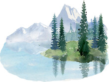 Watercolor Mountain Landscape Clipart, Forest Lake Background Clip Art, Summer Nature Painting Image, Sublimation Design