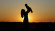 © NewLine_Seller - Unrecognizable family silhouette at sunset, happy mother throws up her baby, motherly love