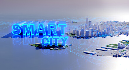 Poster - Smart Network and Connection Technology Concept mega city background, urban and futuristic technology concepts. 3D rendering.