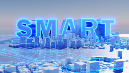 Poster - Glowing standing smart wording in urban city and futuristic technology concepts. 3D rendering.
