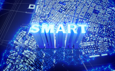 Poster - Glowing smart building in techno mega city background, urban and futuristic technology concepts. 3D rendering.