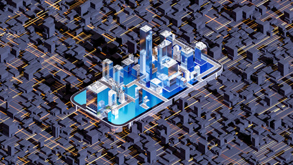 Poster - Smartphone with smart city techno mega city background, urban and futuristic technology concepts. 3D rendering.