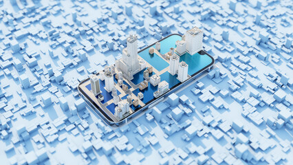 Fototapete - Smartphone with smart city techno low poly mega city background, urban and futuristic technology concepts. 3D rendering.