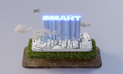 Fototapete - Smartphone with glowing smart building in technology future smart city. urban and futuristic technology concepts. 3D rendering.