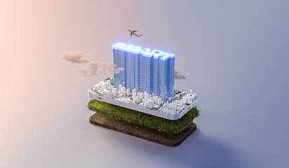 Poster - Glowing smart building in technology future city on smartphone. urban and futuristic technology concepts. 3D rendering.