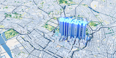Poster - Glowing smart building in architecture urban landscape, urban and futuristic technology concepts. 3D rendering.