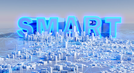 Fototapete - Smart city low poly mega city background, urban and futuristic technology concepts. 3D rendering.