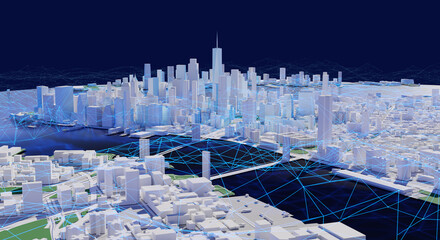 Poster - Smart Network and Connection Technology Concept mega city background, urban and futuristic technology concepts. 3D rendering.
