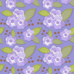 Wall Mural - Seamless pattern with violet flowers. Floral theme for wrapping paper, postcards, textiles. Vector.