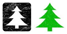 Vector Fir-tree Subtracted Icon. Grunge Fir-tree Stamp, Done With Icon And Rounded Square. Rounded Square Stamp Seal Have Fir-tree Hole Inside. Vector Fir-tree Grunge Images.