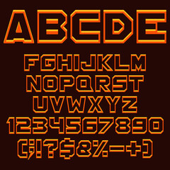 Aufkleber - Orange alphabet, numbers and signs with shadow. Isolated vector objects on black background.