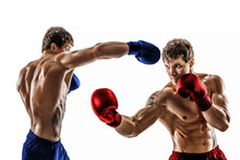 Creative Collage Of Professional Boxers Who Fighting. Red Corner. Blue Corner 