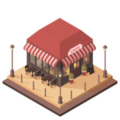 Wall Mural - isometric cafe building on the street with tables and interior, vector illustration