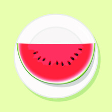 Watermelon Slice Red Fruit Berry, Healthy Diet Meal On Plate. Vector Illustration. Simple Flat Stock Image. Juicy Ripe Dessert Fruit On Table Healthy Food Nutrition 