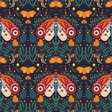 Seamless Pattern With Flowers And Moth. Spring Motif Folk Art On A Dark Background. Vector. Floral Poster, Banner, Wall Art, Modern Design, Card