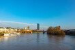view to skyline of Frankfurt with new building of European central Bank with river Main