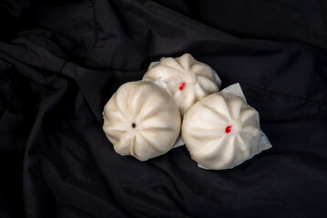 Wall Mural - Steamed Dumplings Dim Sum Asian street food in bamboo basket steamer chiness style at Thai restaurant, steamed stuff bun on background