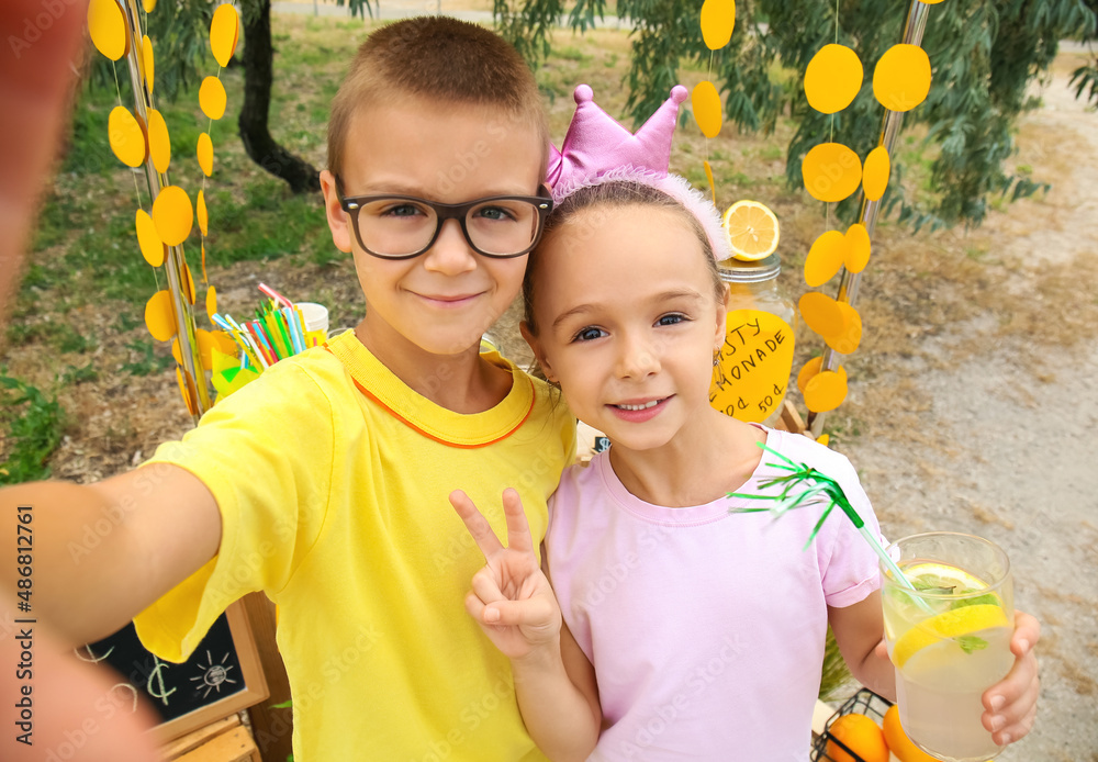 Cute children taking selfie near lemonade stand in park