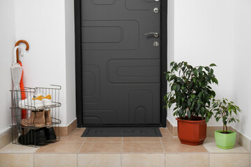 Poster - Stand with shoes, umbrella, houseplants and mat near dark door