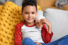 Little African-American Boy With Cute Guinea Pig On Sofa At Home