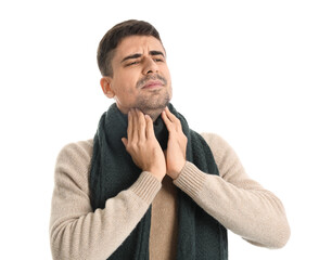 Canvas Print - Ill young man with sore throat on white background