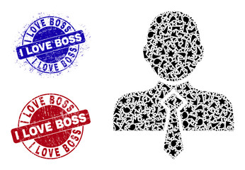 Round I LOVE BOSS rubber stamp seals with word inside round forms, and shard mosaic office man icon. Blue and red seals includes I LOVE BOSS caption. Office man mosaic icon of shard items.