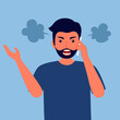 Angry customer man on phone in flat design. Guy upset speaking on mobile.