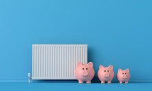 Piggy Bank Money Saving Box With A Radiator. Household Heating Cost Concept. 3D Rendering