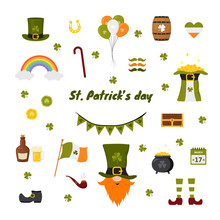 St. Patrick Day Collection. Cute Festive Elements. Vector Illustration In Flat Cartoon Style. Hand Drawn Icons For Irish Holiday.