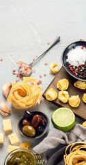 Sticker - Italian pasta assortment on light background.