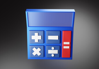 Poster - Calculator with big buttons. Stocktaking finance concept. Accounting for company profits. Blue volumetric calculator. Accounting tool. Profit accounting device. Calculator on black. 3d rendering.