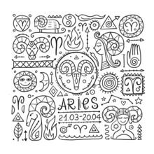Illustration Of Aries Zodiac Sign. Element Of Fire. Design Of Astrology Calendar, Horoscope, Print.