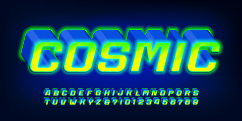 Poster - cosmic alphabet font. 3d neon letters and numbers. stock vector typeface for your typography in retr