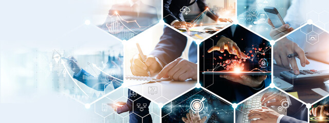 Leinwandbilder - Economy and growth on global business network, Business strategy and Digital marketing. Data analysis of financial and banking, Teamwork and partnership, Technology and data connection worldwide.