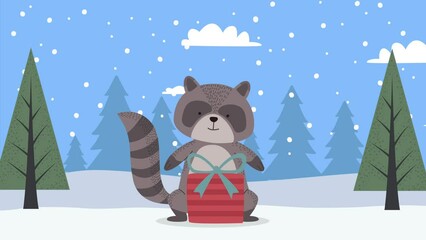 Canvas Print - merry christmas animation with racoon and gift