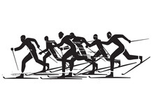 
Cross-country skiing competition, silhouettes.
Expressive black illustration of nordic skiing competitors. Vector available.