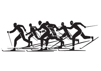 Sticker - 
Cross-country skiing competition, silhouettes.
Expressive black illustration of nordic skiing competitors. Vector available.