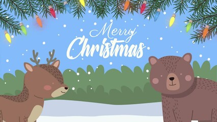 Canvas Print - merry christmas animation with deer and bear