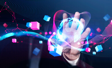 Poster - Businessman wearing suit is holding virtual globe in his hand
