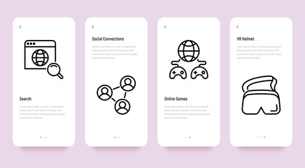 Wall Mural - Metaverse thin line icons set: search, social connections, VR helmet, online games. Pixel perfect, editable stroke. Vector illustration.